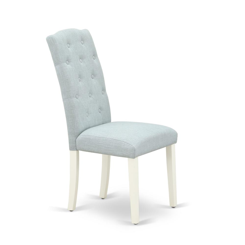 1MZCE3-LWH-15 3Pc Dining Table Set Contains a Wood Dining Table and 2 Upholstered Dining Chairs with Baby Blue Color Linen Fabric, Drop Leaf Table with Full Back Chairs, Linen White Finish