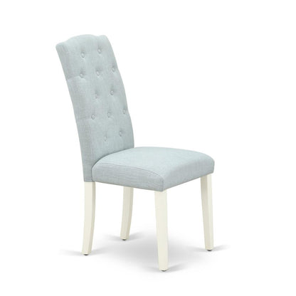 1MZCE3-LWH-15 3Pc Dining Table Set Contains a Wood Dining Table and 2 Upholstered Dining Chairs with Baby Blue Color Linen Fabric, Drop Leaf Table with Full Back Chairs, Linen White Finish