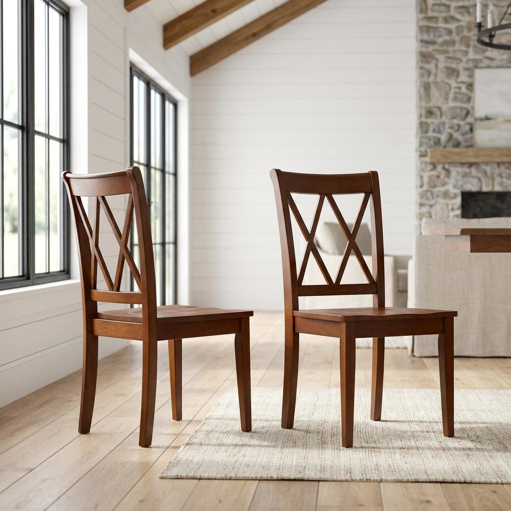 Solid Wood Dining Chairs with Double Cross Back, Mahogany, Set of 2