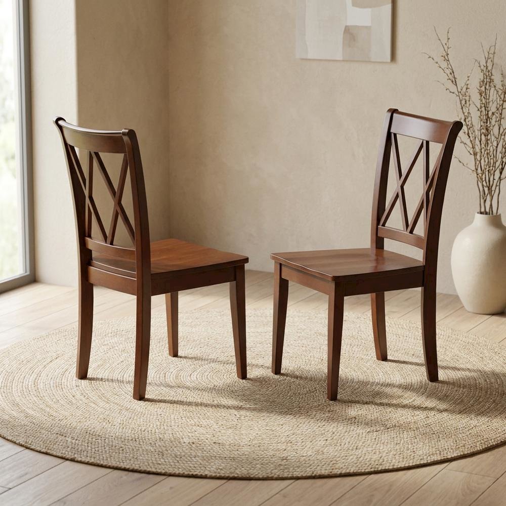 Solid Wood Dining Chairs with Double Cross Back, Mahogany, Set of 2