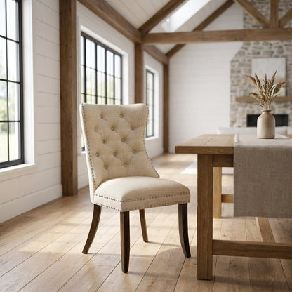 Wooden Parsons Dining Chair with Upholstered Seat, High Back, Light Beige, Set of 2