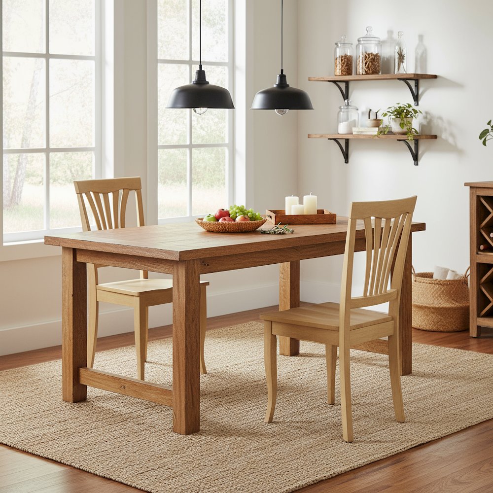Wood Seat Dining Chair Set of 2, Vertical Slatted Back Oak Finish Classic Design