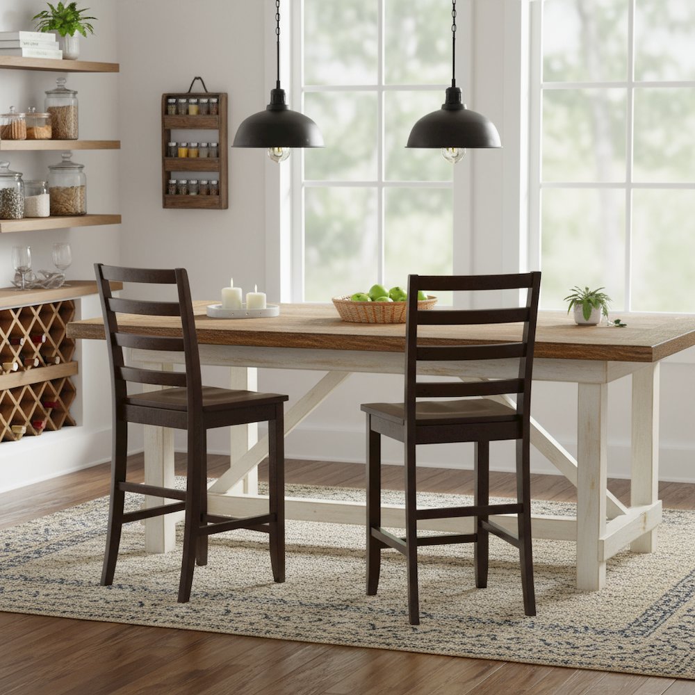 Wood Seat Counter Stools Set of 2, Ladder Back, Cappuccino Finish, Solid Wood