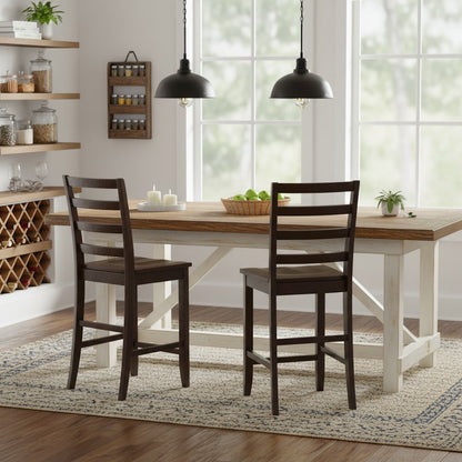 Wood Seat Counter Stools Set of 2, Ladder Back, Cappuccino Finish, Solid Wood