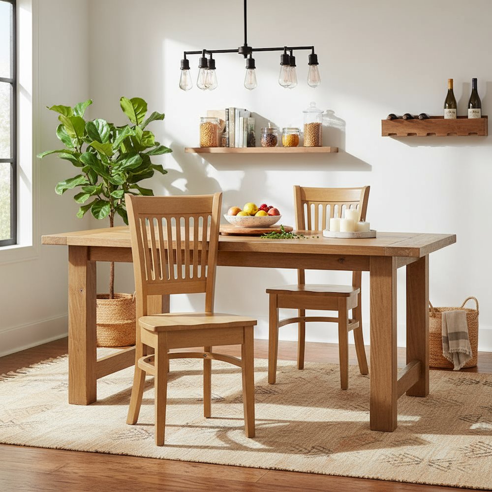 Dining Chairs Set of 2, Oak Finish, Wood Seat, Slatted Back