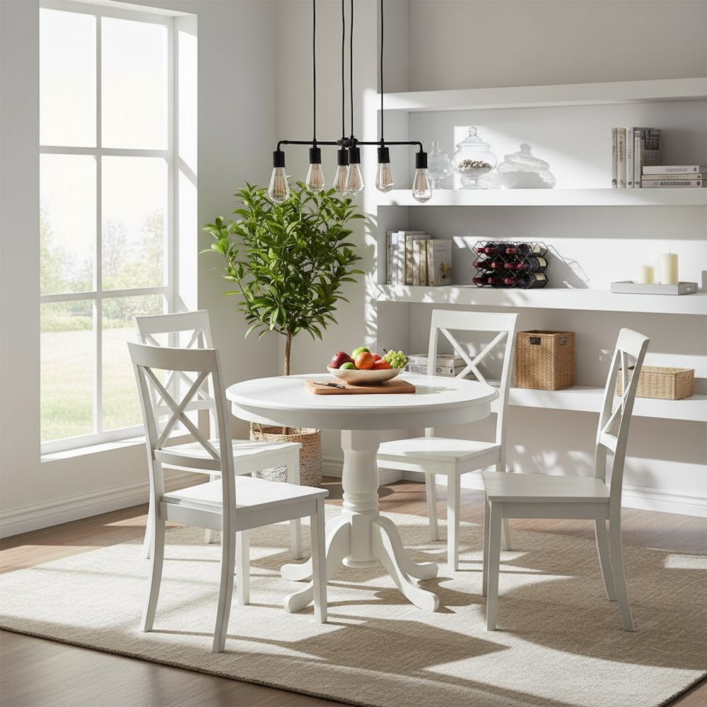 5-Piece Dining Set, Pedestal Table, 4 Wood Chairs, Linen White Finish, Classic