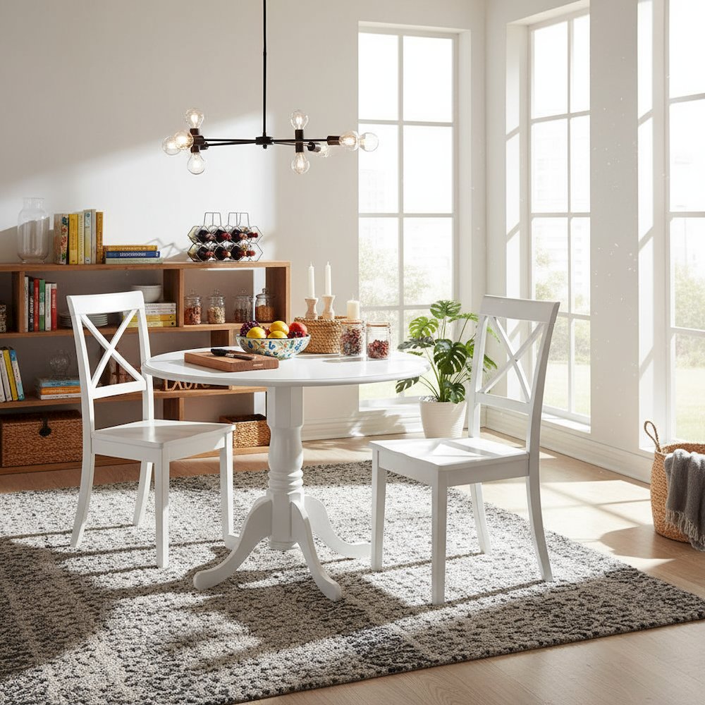 3-Piece Dining Set, Round Table, Drop Leaf, 2 Wood Chairs, Linen White Finish