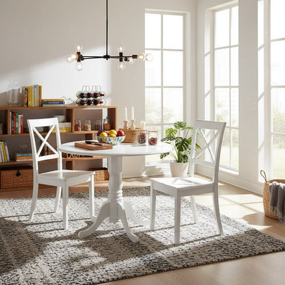 3-Piece Dining Set, Round Table, Drop Leaf, 2 Wood Chairs, Linen White Finish