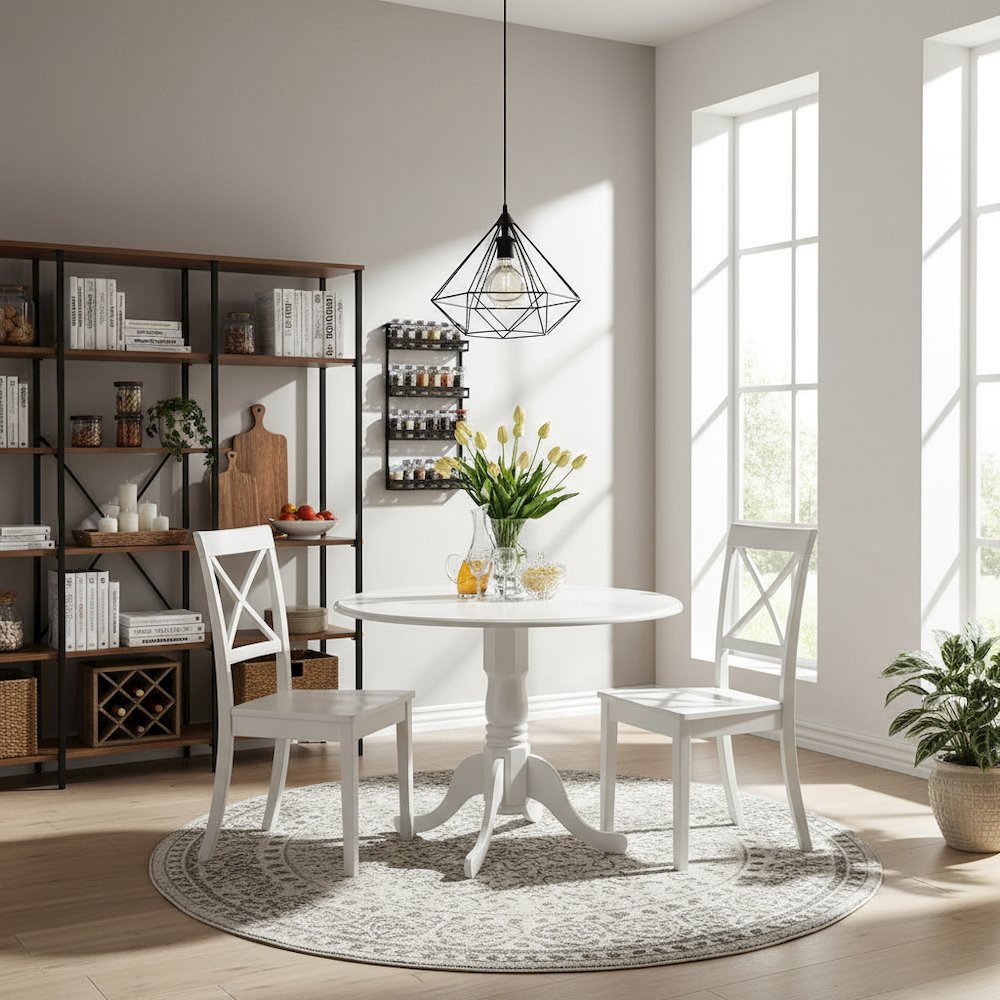 3-Piece Dining Set, Round Table, Drop Leaf, 2 Wood Chairs, Linen White Finish