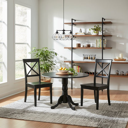 3-Piece Dining Set, Round Table, Drop Leaf, 2 Wood Chairs, Black Finish