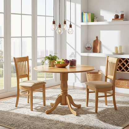 3-Piece Mid-Century Dining Set, Drop Leaf Table, 2 Linen Fabric Chairs, Oak