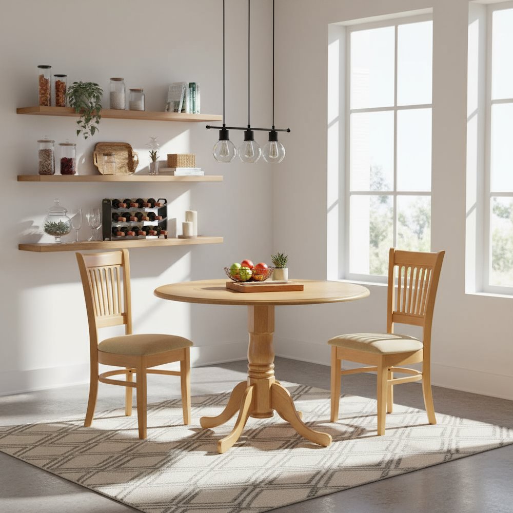 3-Piece Mid-Century Dining Set, Drop Leaf Table, 2 Linen Fabric Chairs, Oak