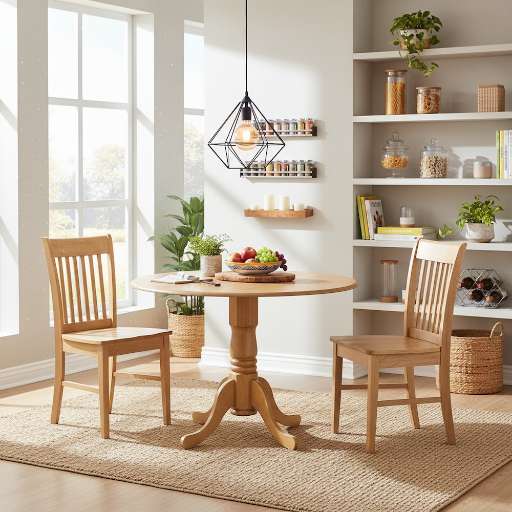 3-Piece Dining Set, Round Drop Leaf Table, 2 Wood Chairs, Oak Finish, Compact