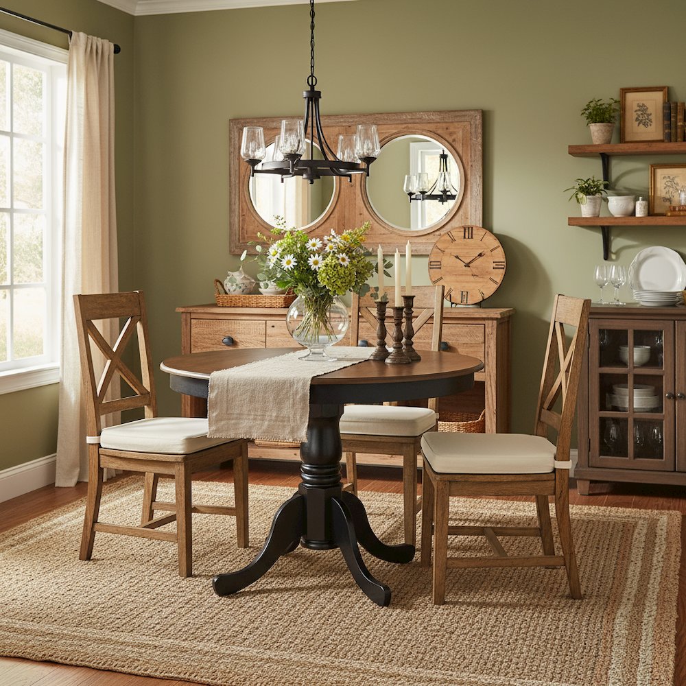 Round Dining Table, Walnut & Black Finish, Solid Wood, Pedestal Base, 36-Inch