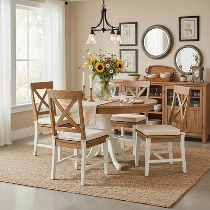 Round Dining Table, Natural & White Finish, Solid Wood, Pedestal Base, 36-Inch