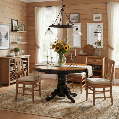Oval Dining Table, 18in Butterfly Leaf, Black & Cherry Finish, Classic Pedestal