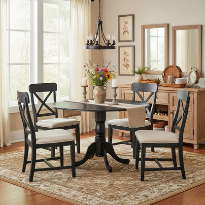 Round Table, Two Drop Leaves, Wirebrushed Black Finish, Solid Wood, 42-Inch