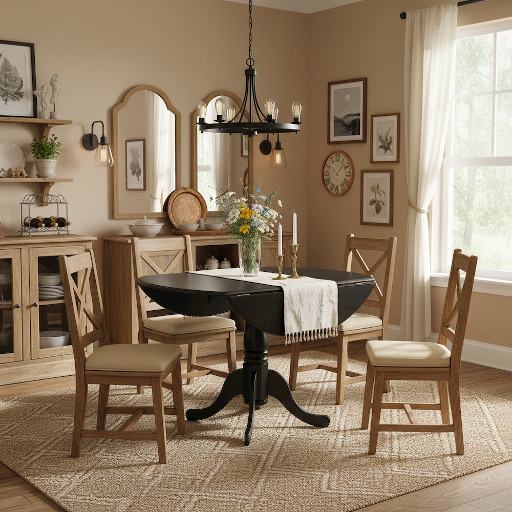 Round Table, Two Drop Leaves, Wirebrushed Black Finish, Solid Wood, 42-Inch