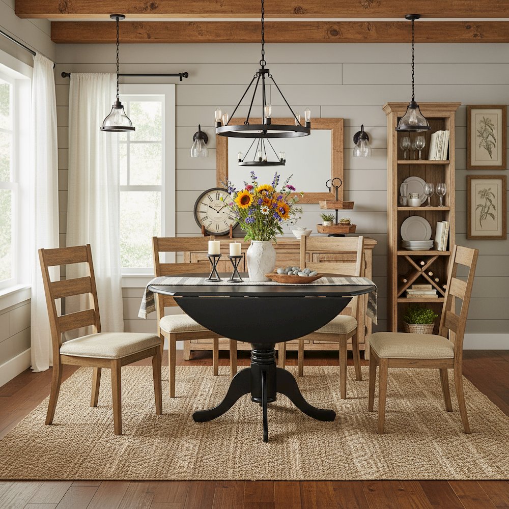 Round Table, Two 9" Drop Leaves, Black Finish, Solid Wood, Space Saving