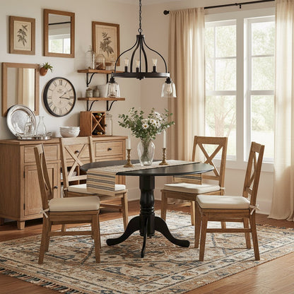 Round Table, Two 9" Drop Leaves, Black Finish, Solid Wood, Space Saving