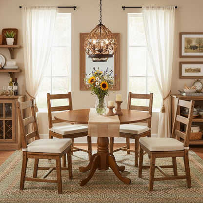 Round Table, Two 9" Drop Leaves, Saddle Brown Finish, Solid Wood, Drop Leaf