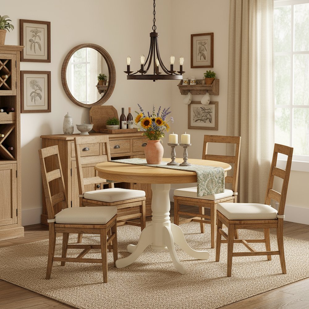 Pedestal Dining Table, Round, Oak White Finish, Solid Wood