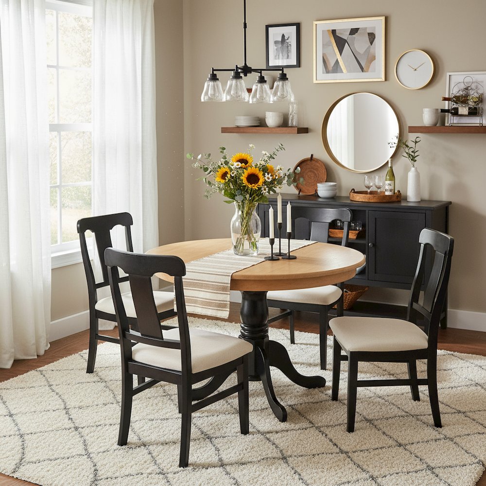 Pedestal Dining Table, Round, Oak and Black Finish, Solid Wood