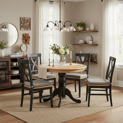 Pedestal Dining Table, Round, Oak and Black Finish, Solid Wood