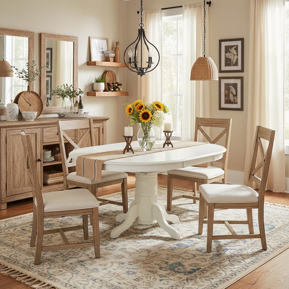 Oval Dining Table, Linen White, Butterfly Leaf, Solid Wood Pedestal