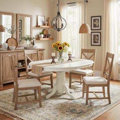 Oval Dining Table, Linen White, Butterfly Leaf, Solid Wood Pedestal