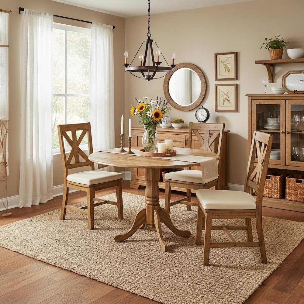 Round Kitchen Table, Drop Leaves, Natural Wood Texture, Pedestal Base