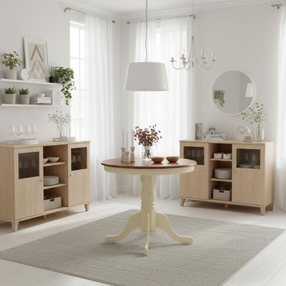 Small Dining Table, Round, Buttermilk & Cherry, Pedestal Base, Rubber Wood