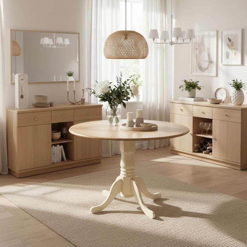 Round Dining Table, Drop Leaves, Oak & Buttermilk, Pedestal Base, Solid Wood