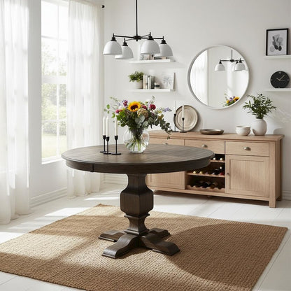 Rustic Round Kitchen Table, Distressed Jacobean Finish, Solid Wood, 48 Inch