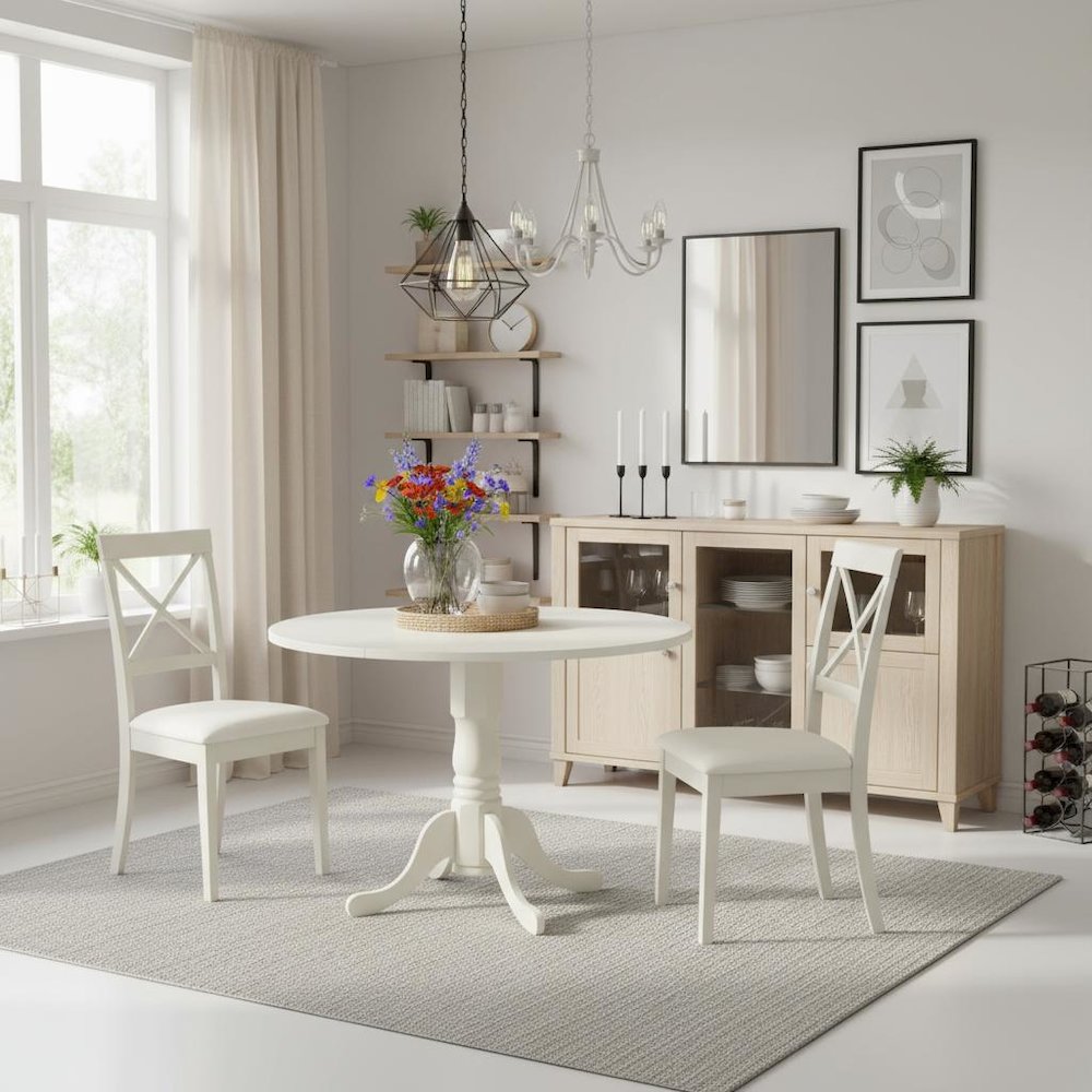 White Dining Set, Round Drop Leaf Table, X-Back Chairs, 2-Person, Faux Leather