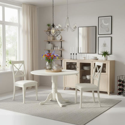 White Dining Set, Round Drop Leaf Table, X-Back Chairs, 2-Person, Faux Leather