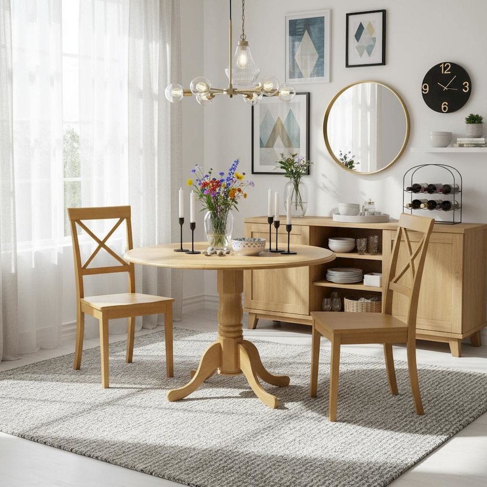 Oak Dining Set, Round Drop Leaf Table, X-Back Chairs, 2-Person, Rubber Wood