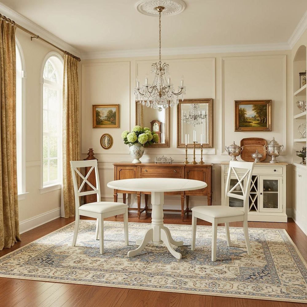 White Dining Set, Round Drop Leaf Table, X-Back Chairs, 2-Person, Faux Leather