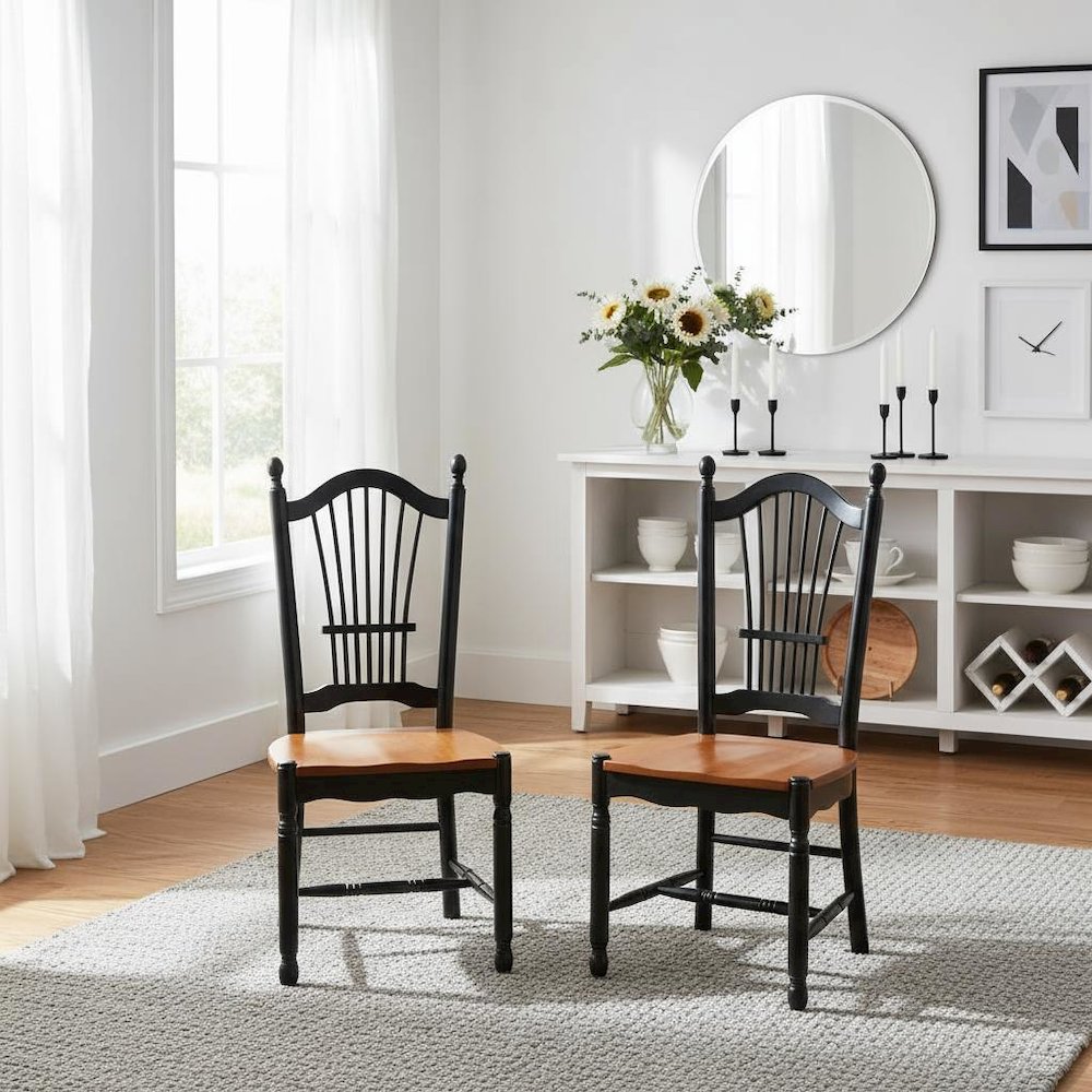 Black and Cherry Dining Chair, Wooden Seat, High Back, Set of 2