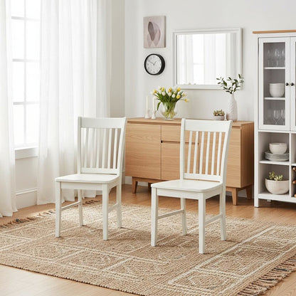 Linen White Dining Chair, Wooden Seat, Slatted Back, Set of 2, Solid Wood