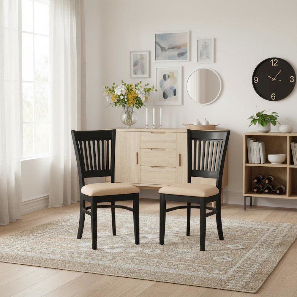 Black Dining Chair, Fabric Seat, Slatted Back, Set of 2, Rubber Wood