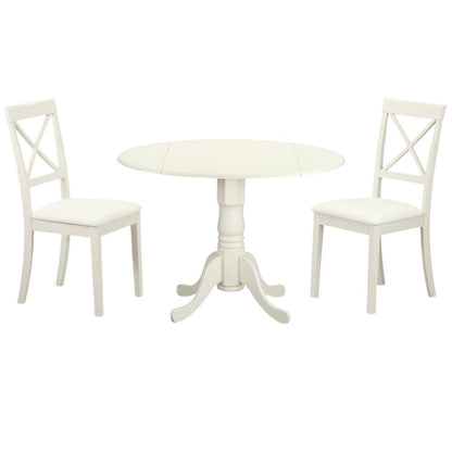 White Dining Set, Round Drop Leaf Table, X-Back Chairs, 2-Person, Faux Leather