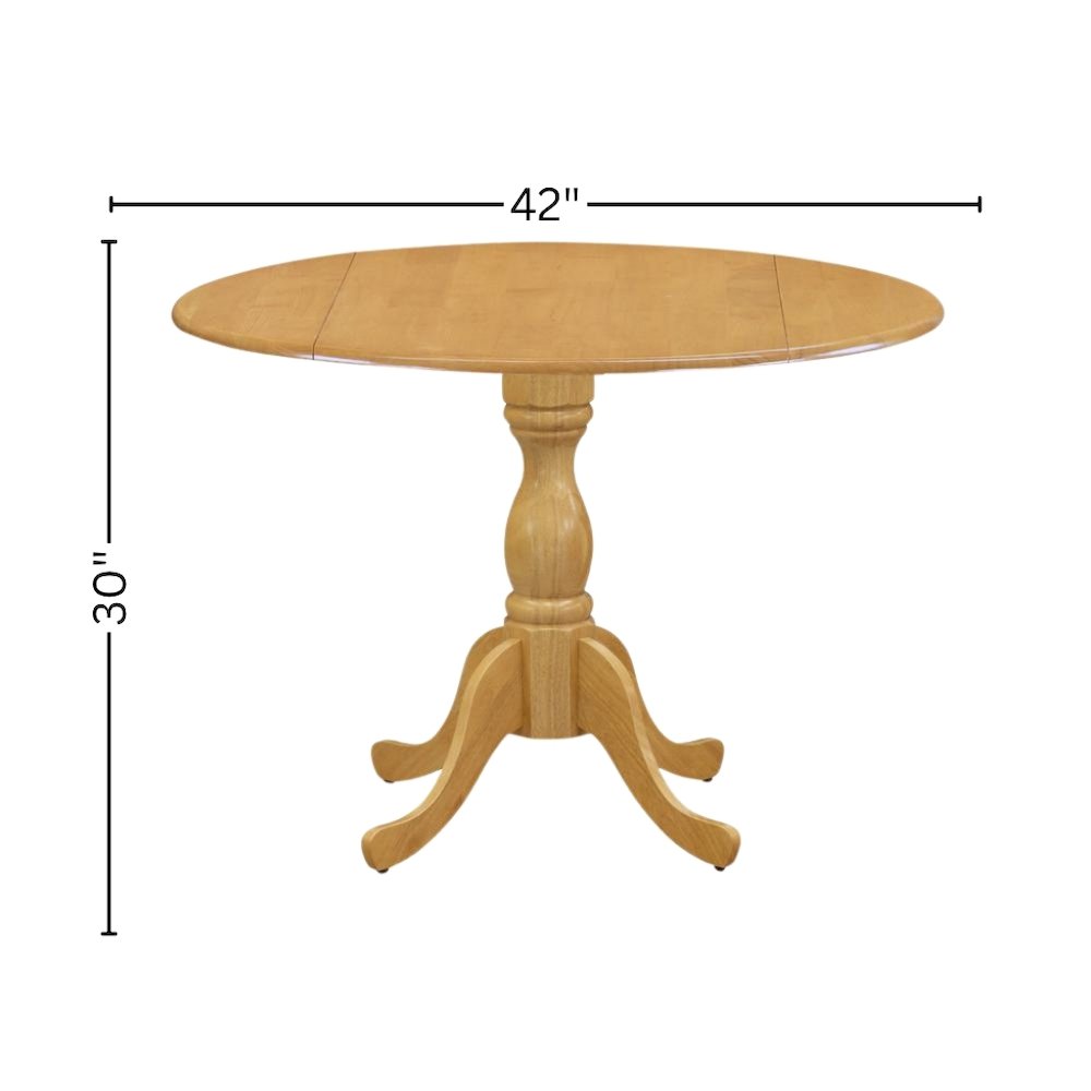 Round Dining Table, Drop Leaves, Oak Finish, Pedestal Base, 42-Inch