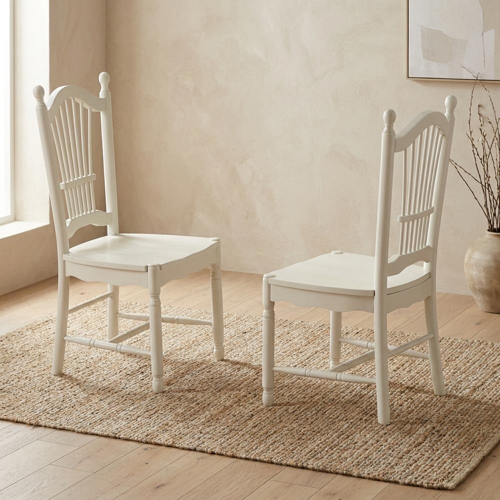 Solid Wood Dining Room Chairs with Slatted Back, Linen White, Set of 2