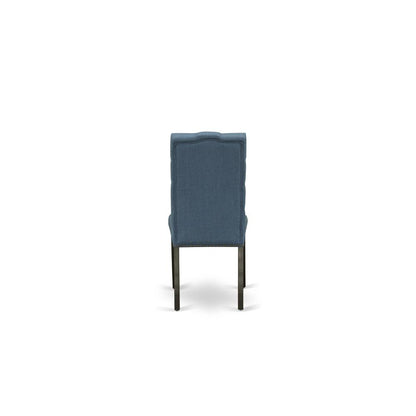 7-piece kitchen table set with Chair’s Legs and Mineral Blue Linen Fabric