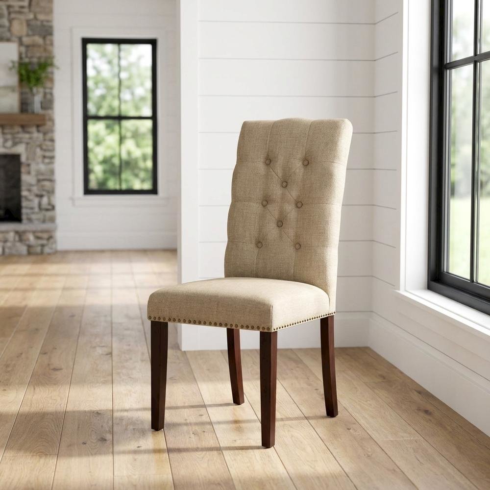 Fabric-Upholstered Parsons Dining Chair with Mahogany Legs for Dining Room, Set of 2
