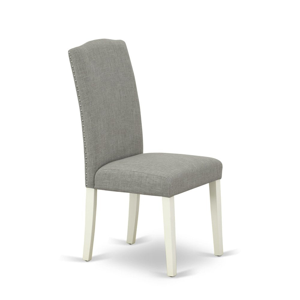 1MZEN3-LWH-06 3Pc Dining Table Set Contains a Wood Dining Table and 2 Parsons Chairs with Shitake Color Linen Fabric, Drop Leaf Table with Full Back Chairs, Linen White Finish