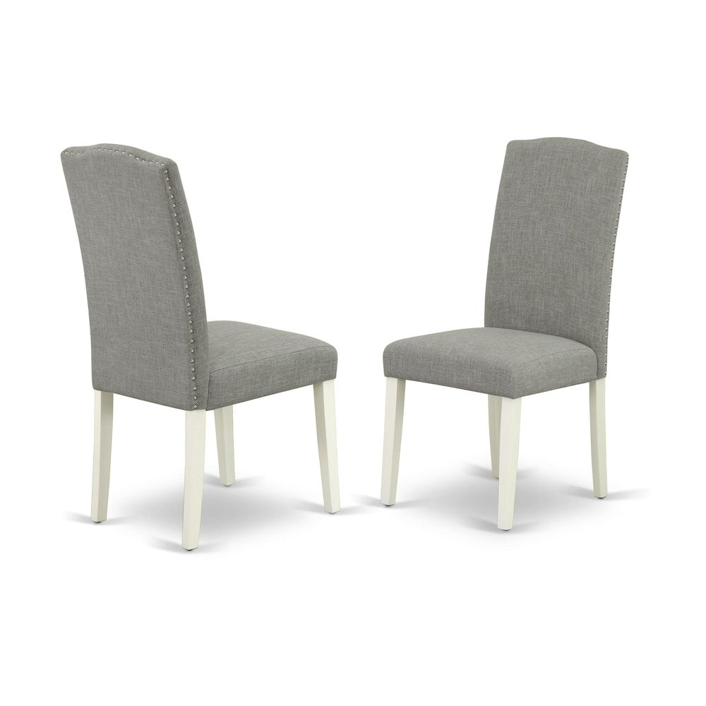 1MZEN3-LWH-06 3Pc Dining Table Set Contains a Wood Dining Table and 2 Parsons Chairs with Shitake Color Linen Fabric, Drop Leaf Table with Full Back Chairs, Linen White Finish