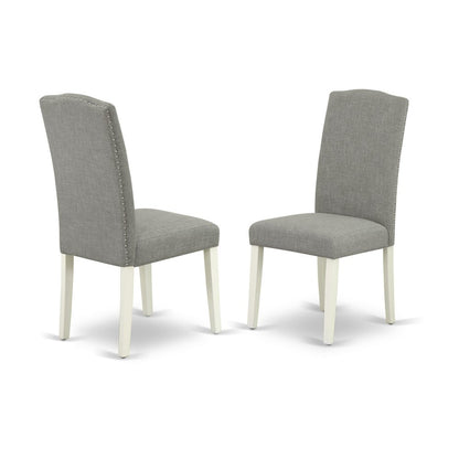 1MZEN3-LWH-06 3Pc Dining Table Set Contains a Wood Dining Table and 2 Parsons Chairs with Shitake Color Linen Fabric, Drop Leaf Table with Full Back Chairs, Linen White Finish