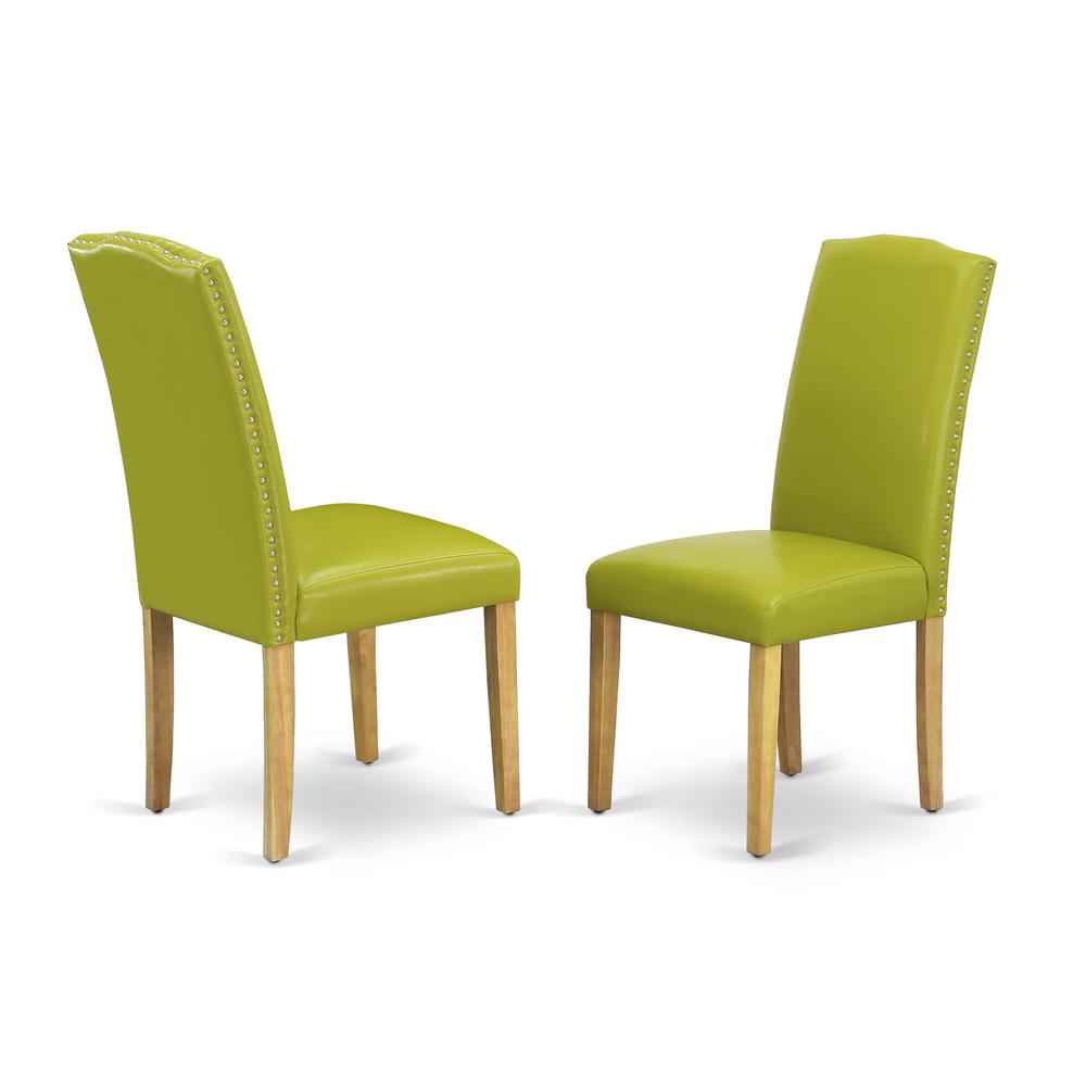 AMEN3-OAK-51 3 Piece Wooden Dining Table Set - 1 Pedestal Table and 2 Autumn Green Parsons Chair - Oak Finish
